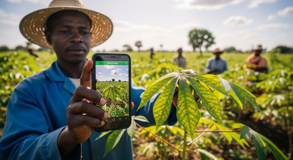 Rural citizens using AI apps like Plant Village Nuru and miniSASS to collect field research data